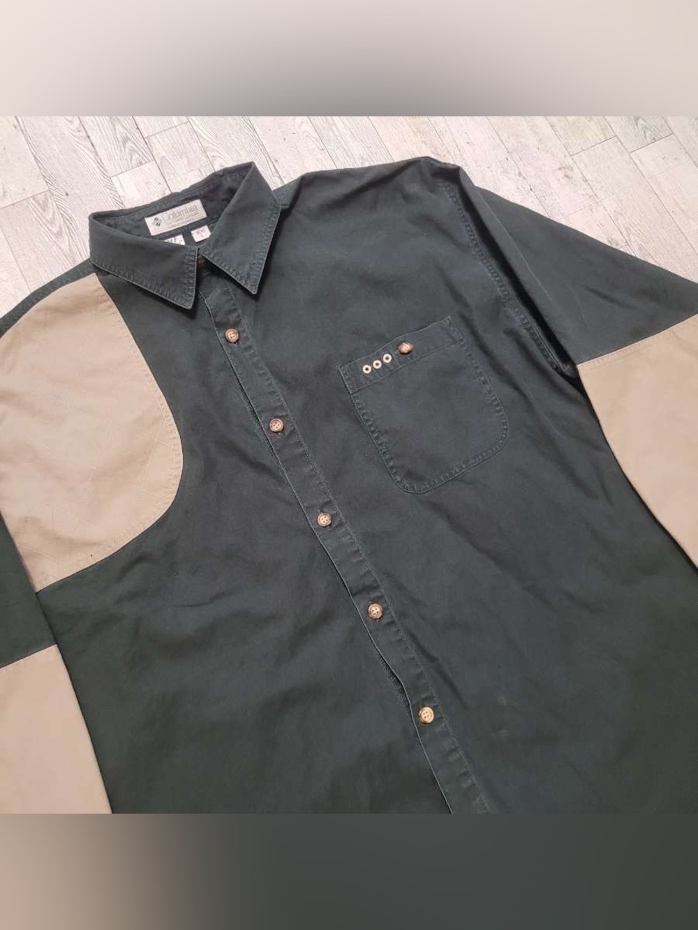 Men's Columbia Long Sleeve Green Tan Hunting Button Up Shirt Size L Vintage